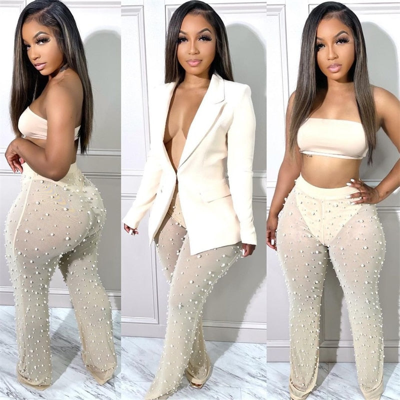 Deep V Blazer & Mesh Pearls Pants Sets