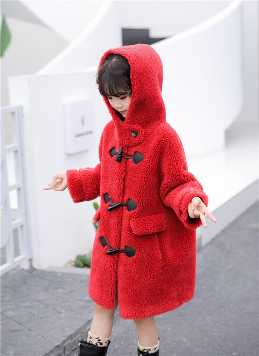 Real Shearling Wool Fur Coat Hooded Soft Suede Leather Liner Children