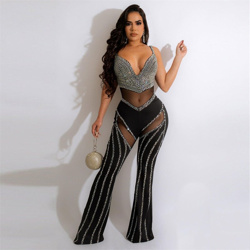 Diamonds Mesh Backless Flare Pants Jumpsuits