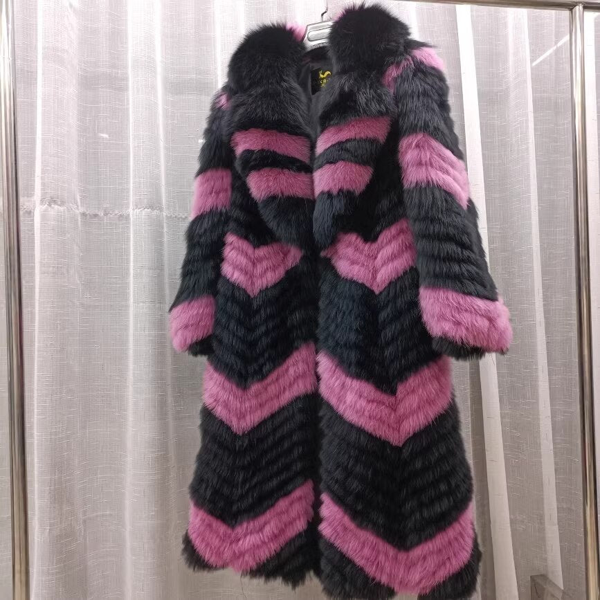 Thin Striped Color Pattern Real Fox Fur Coats  X-Long