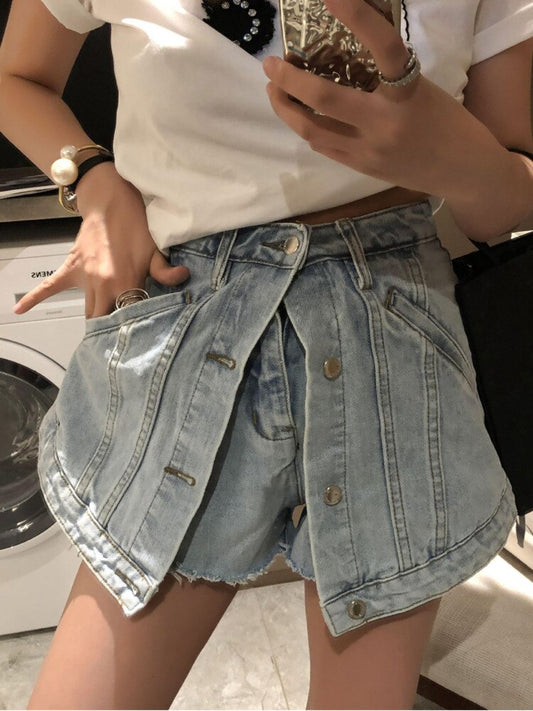 High Waist Open Button Skirt Denim Shorts