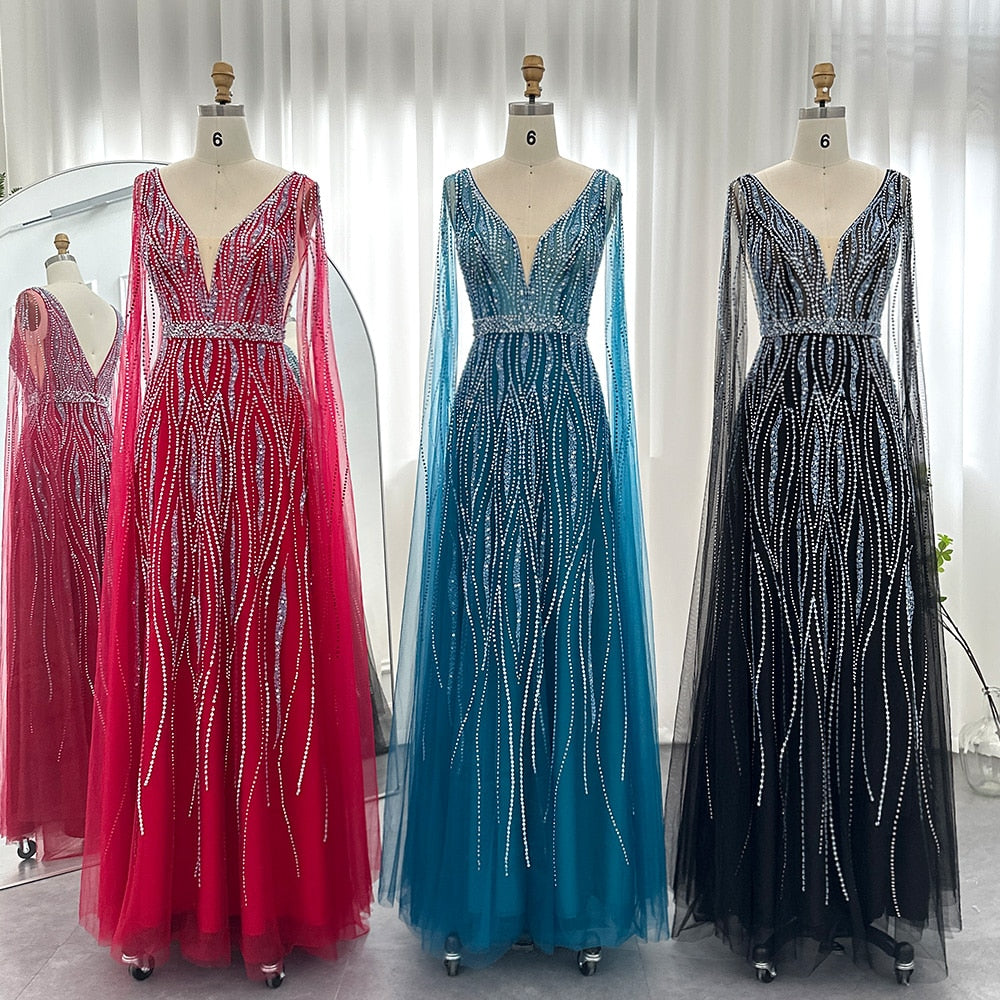 Crystal Stone Drip Mesh Sleeve Drape Gowns