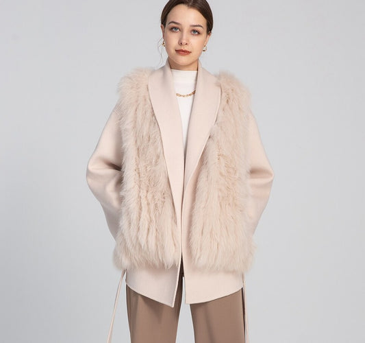 3 Styles In One Cashmere Wool Coats with Detachable Real Fur Vest