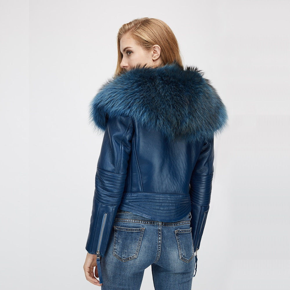 Genuine Leather Moto Jackets Big Fur Collar Wool Liner