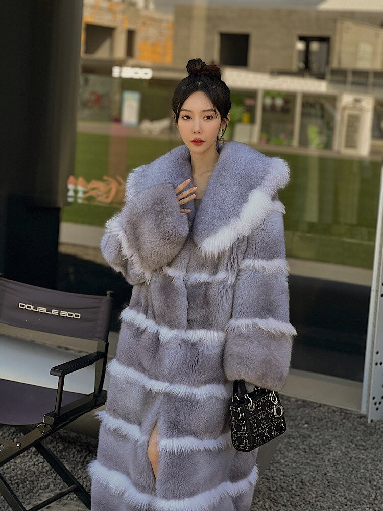 Luxury X-Long Fur Coat Detachable Big Fur Collar