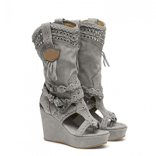 Retro Cowboy Wedge Sandal Boots