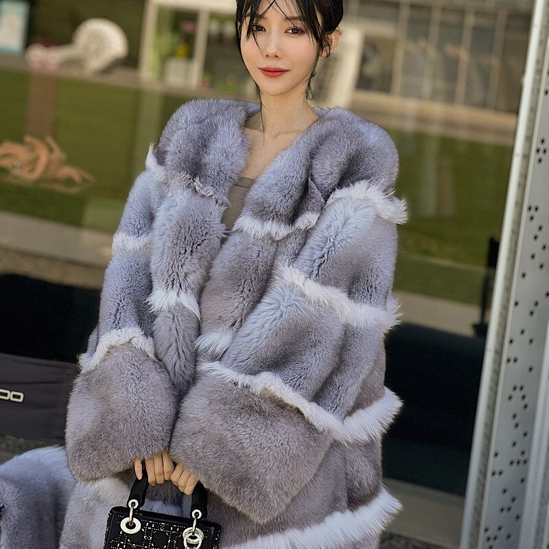 Luxury X-Long Fur Coat Detachable Big Fur Collar