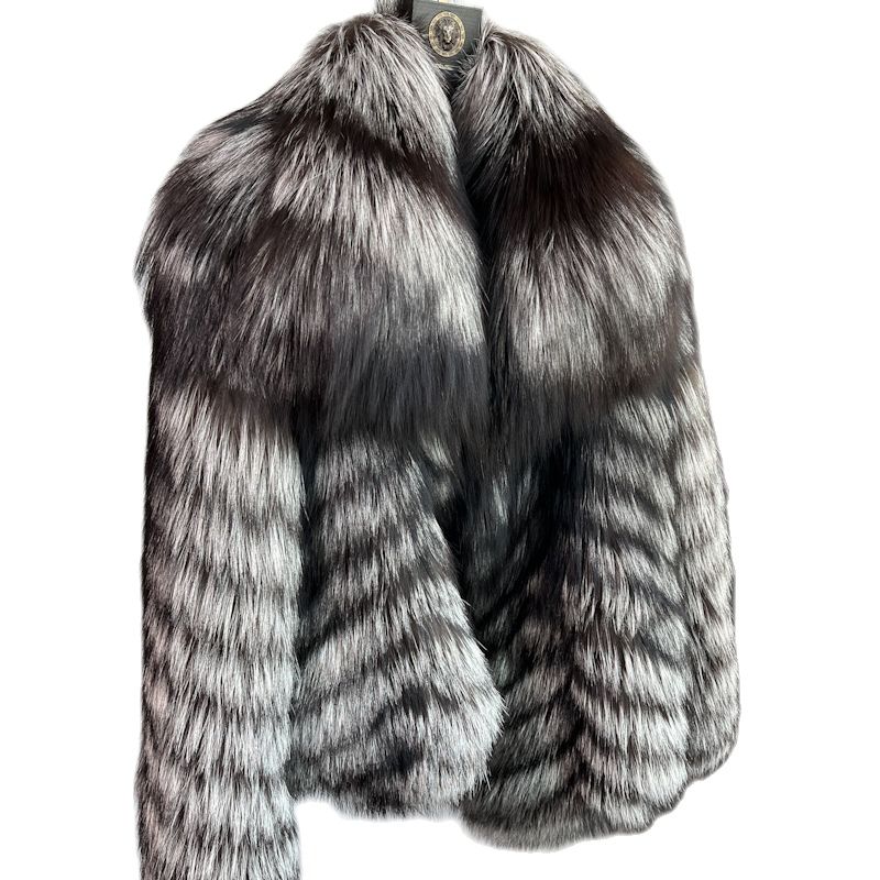 Dark Silver Big Collar Real Fur Coat