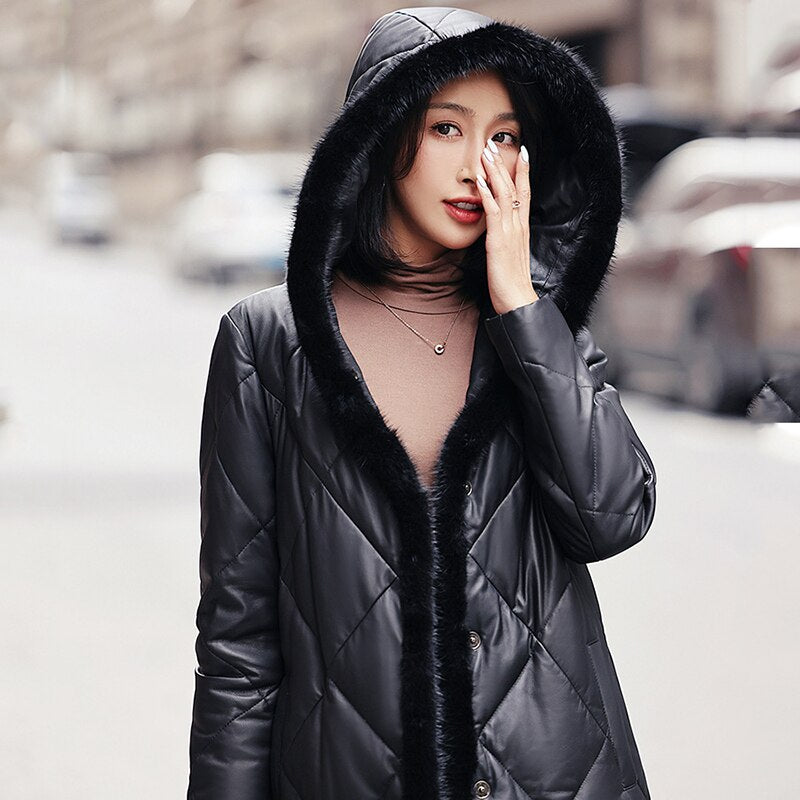 Genuine Leather Long Jacket Mink Fur Collar Hood