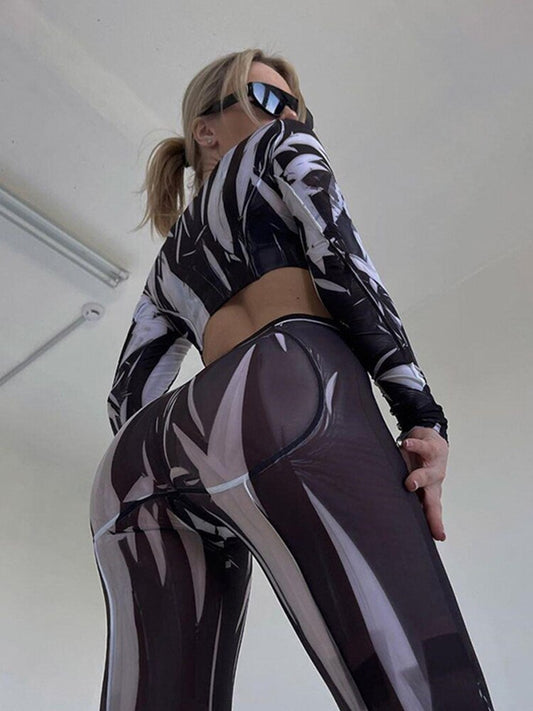 See Through Mesh Print Crop & Pants Sets