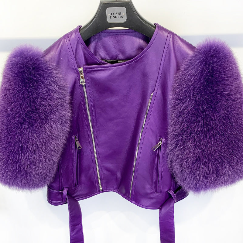 Genuine Leather Short Fur Sleeve Moto Crop Jackets