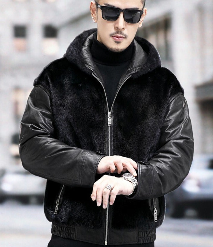 Genuine Leather Hooded Coats Real Mink Fur