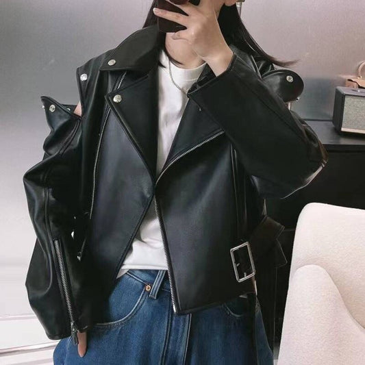 Genuine Leather Motorcycle Jackets Button Open Shoulder