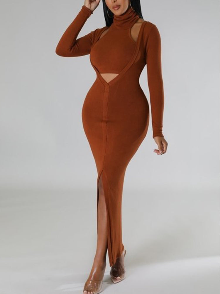 Halter Crop Long Sleeve Bodycon Slit Dresses