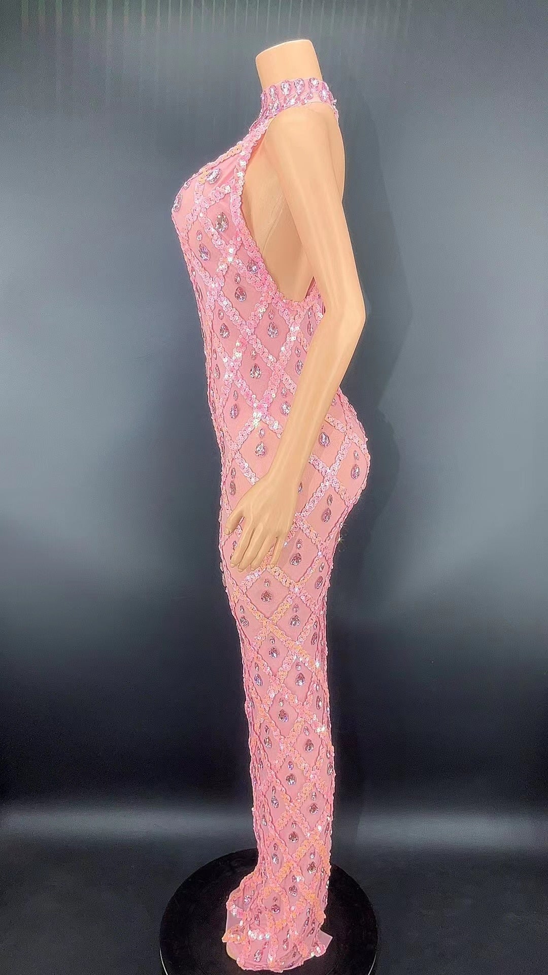 Pink Rhinestones Full Wrap Halter Sleeveless Dress