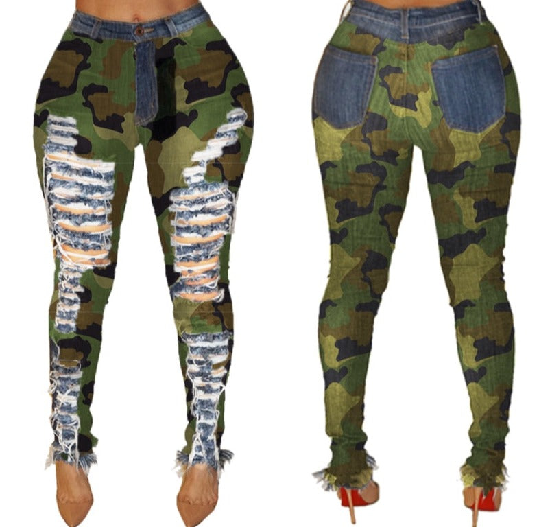 Camouflage Print Full Ripped Pencil Denim Jeans