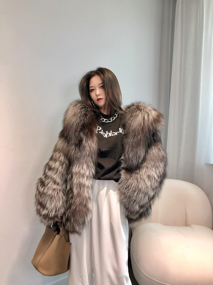 Luxury Dark Silver Real Fur Hooded Coat