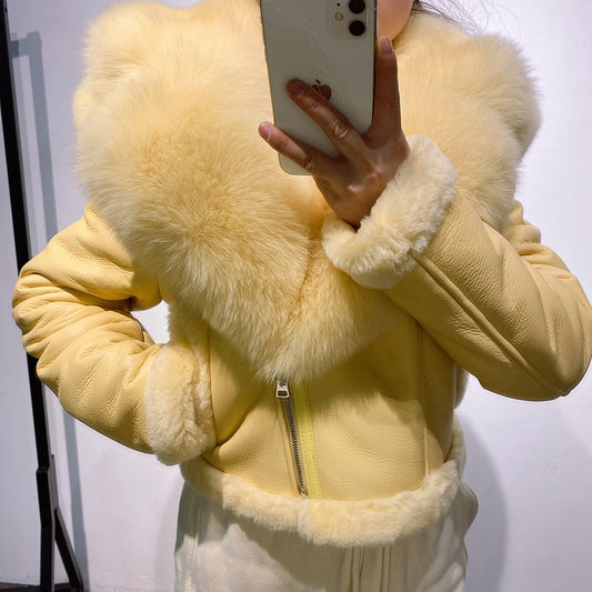 Genuine Leather Coat Real Shearling Fur Removable Hood