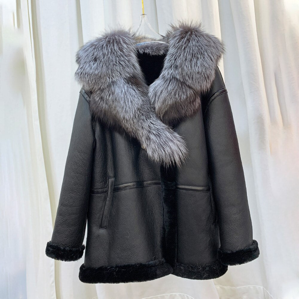 Genuine Leather Coats Shearing Fur Lining Big Real Fur Collar