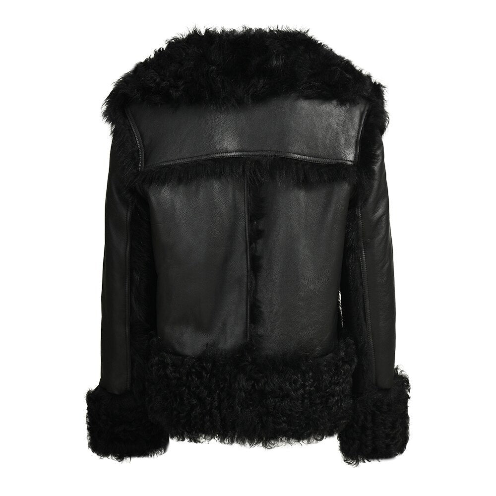 Genuine Leather Coat Curly Shearling Fur