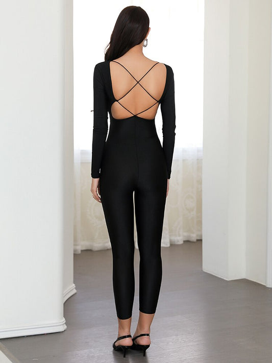 Hollow Strapless Full Sleeve Lace-up Backless Jumpsuits