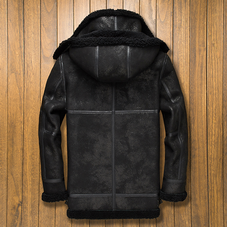 Genuine Leather Real Fur Lining Hooded Coat