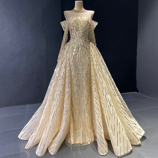 Gold Sparkle Long Sleeves Hip Skirt Evening Gowns