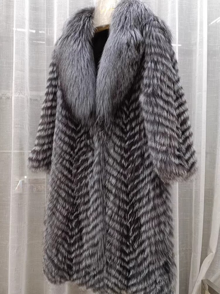 Thin Striped Color Pattern Real Fox Fur Coats  X-Long