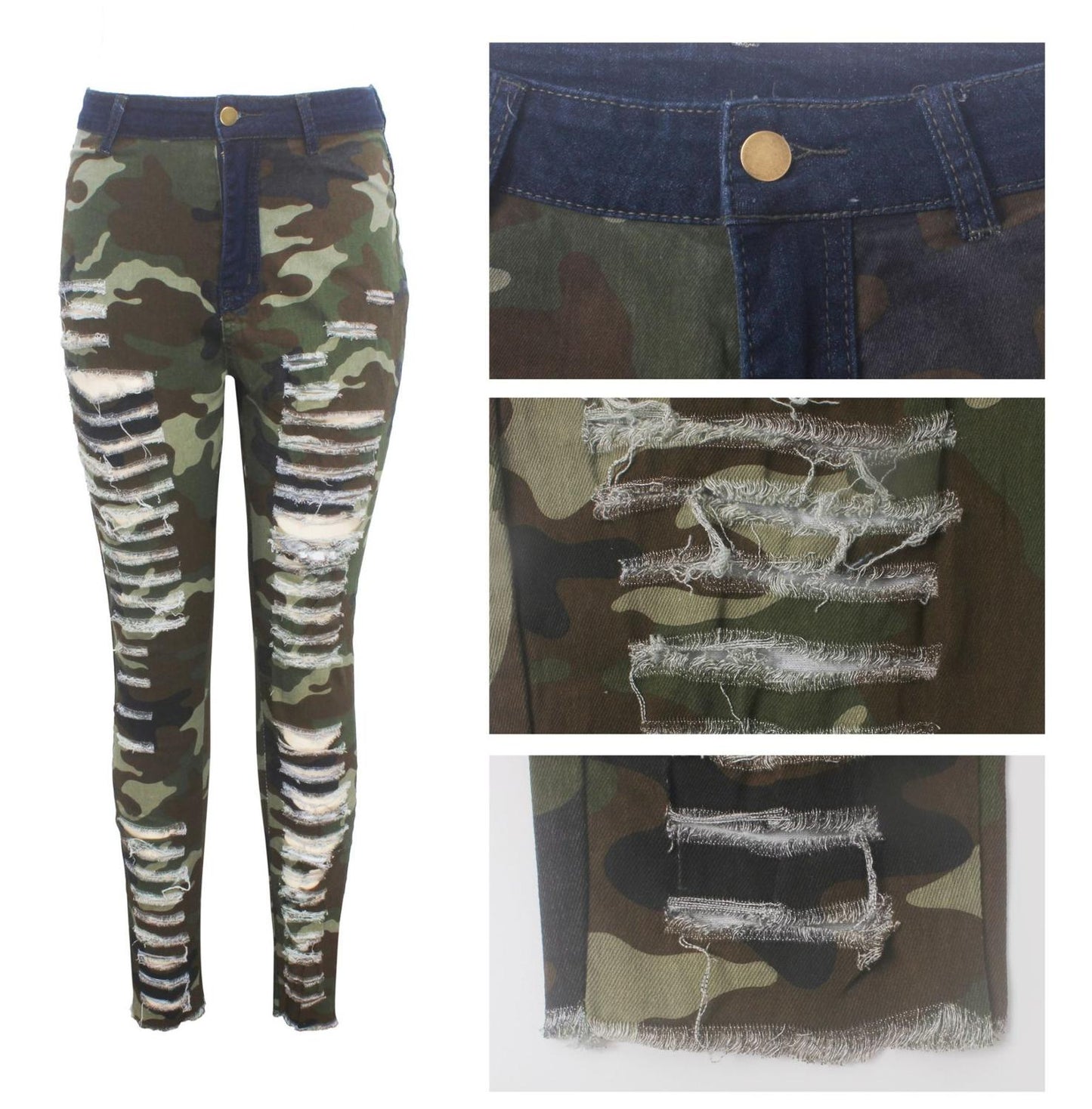 Camouflage Print Full Ripped Pencil Denim Jeans