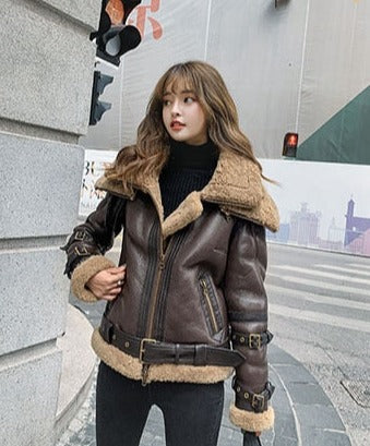 Genuine Leather Coat Wool Liner Removable Double Collar