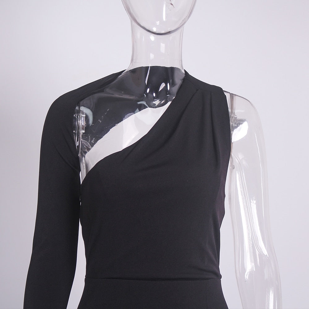 Black Hollow One Shoulder Sleeved Split Long Dresses