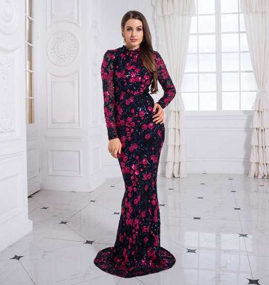 Sequin Flowers Sleeved Mermaid Maxi Dress