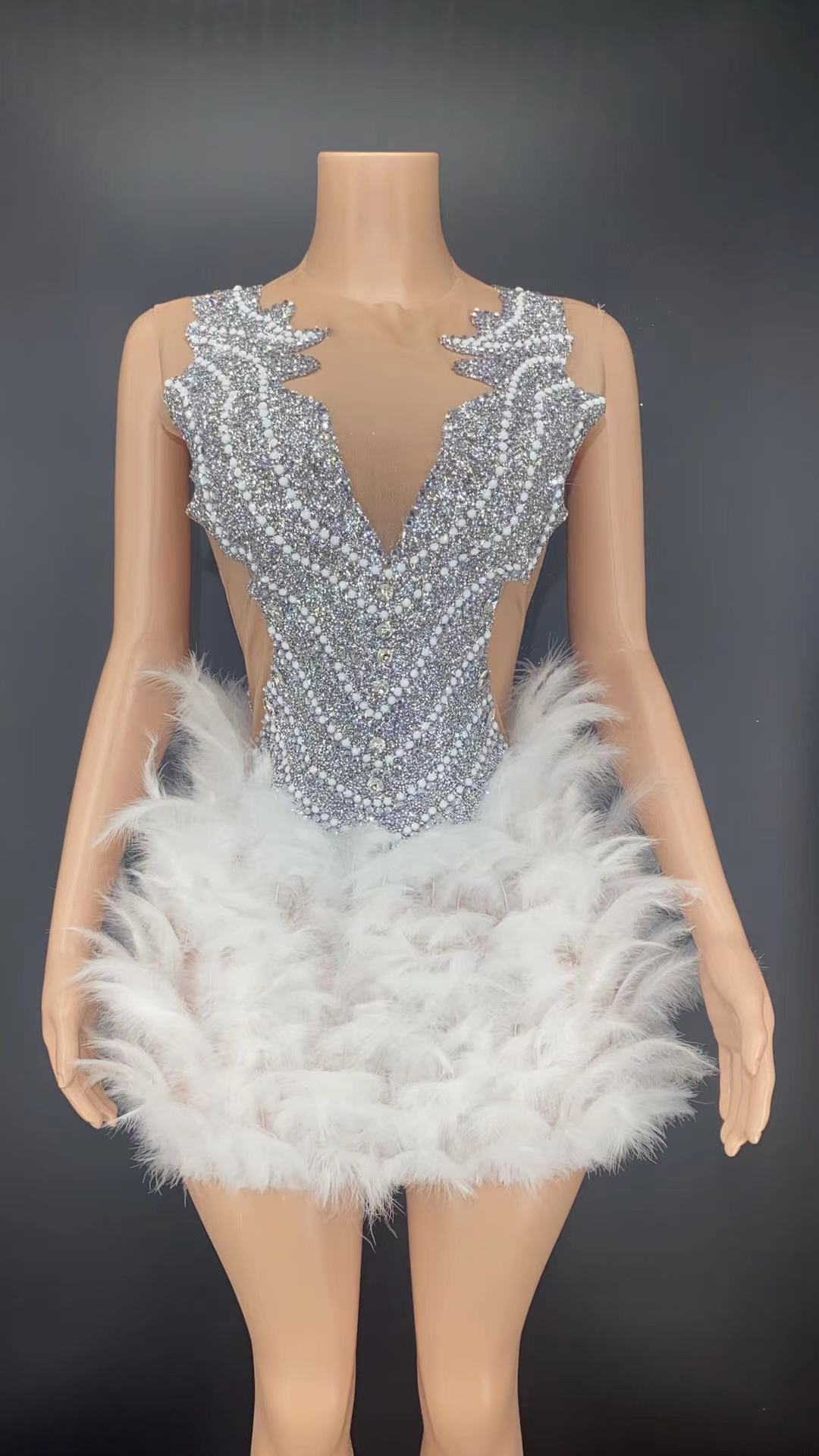 Silver Crystals Feather Mini Dress