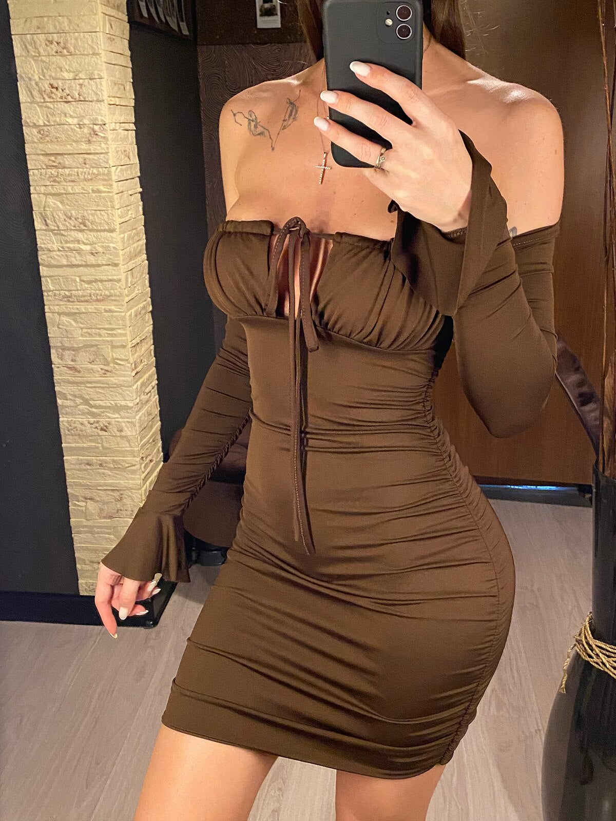 Off Shoulder Long Sleeve Hollow Chest Tie Dresses