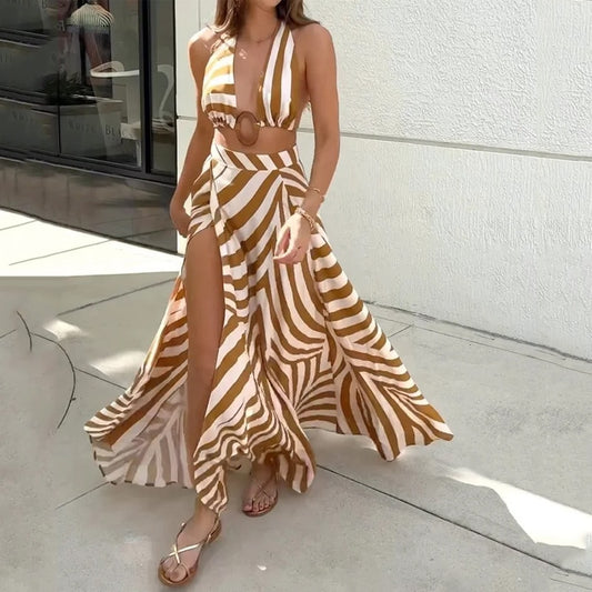 Striped Open V Sleeveless Crop Top & Slit Maxi Dress