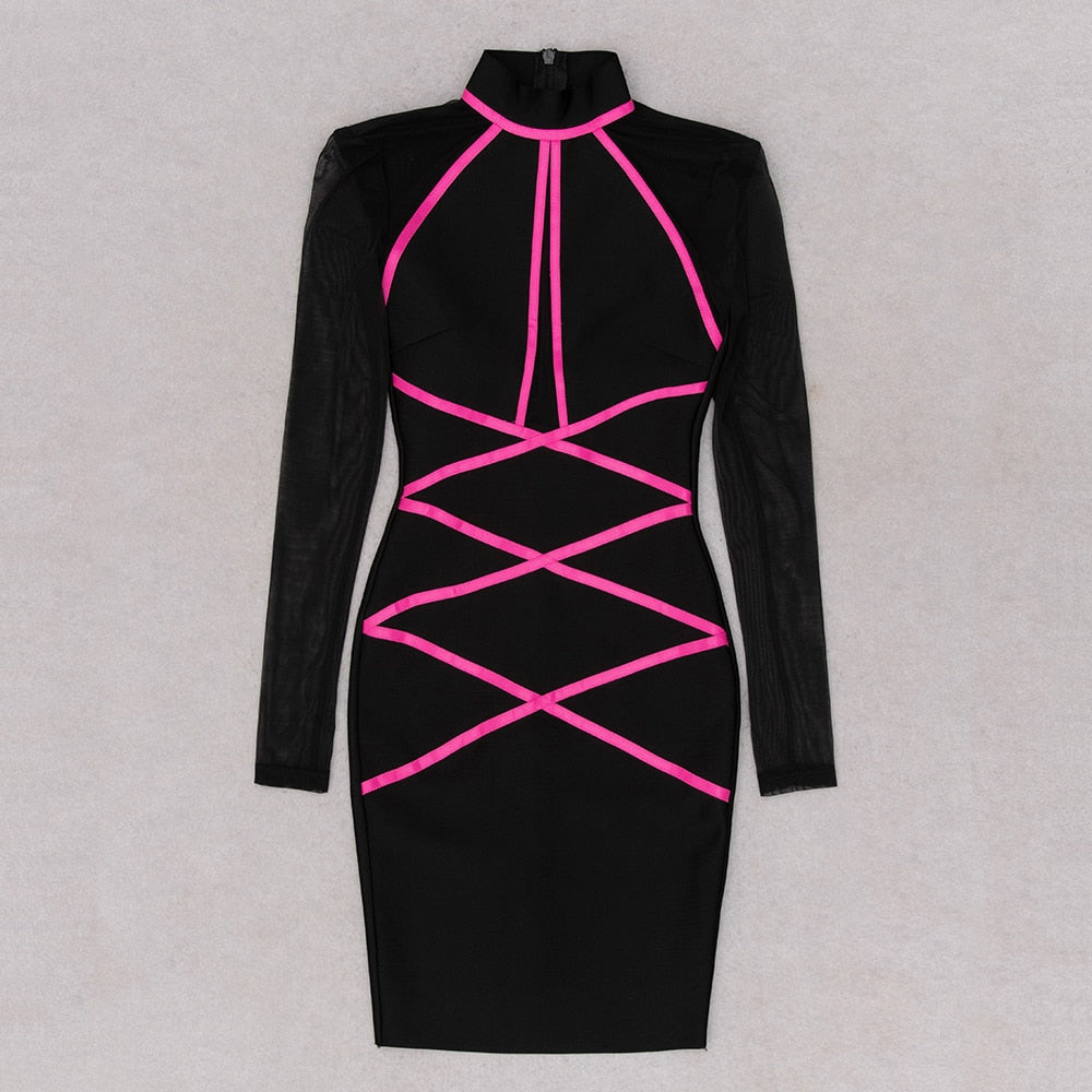 Black Pink Mesh O-Neck Bodycon Midi Dress