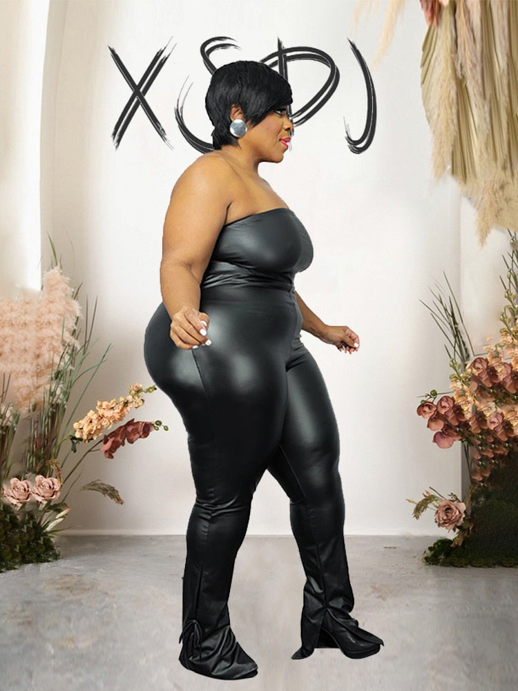 Pu Leather Strapless Crop and Pants Sets Plus Size
