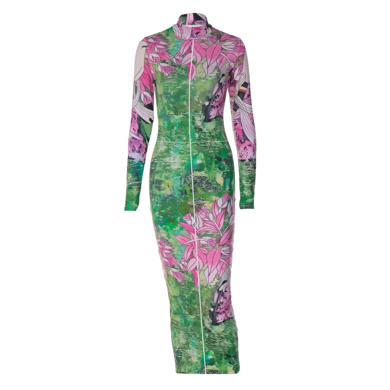 Floral Printed Long Sleeve Bodycon Midi Dress