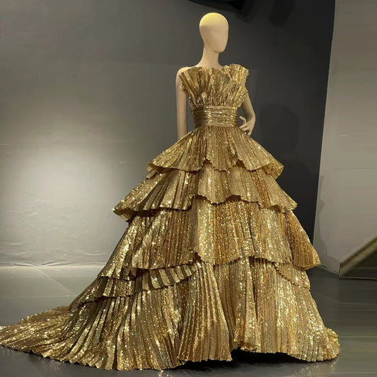 Luxurious Gold Ruffles Evening Gowns