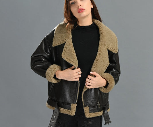 Genuine Leather Coat Shearling Fur Short Retro