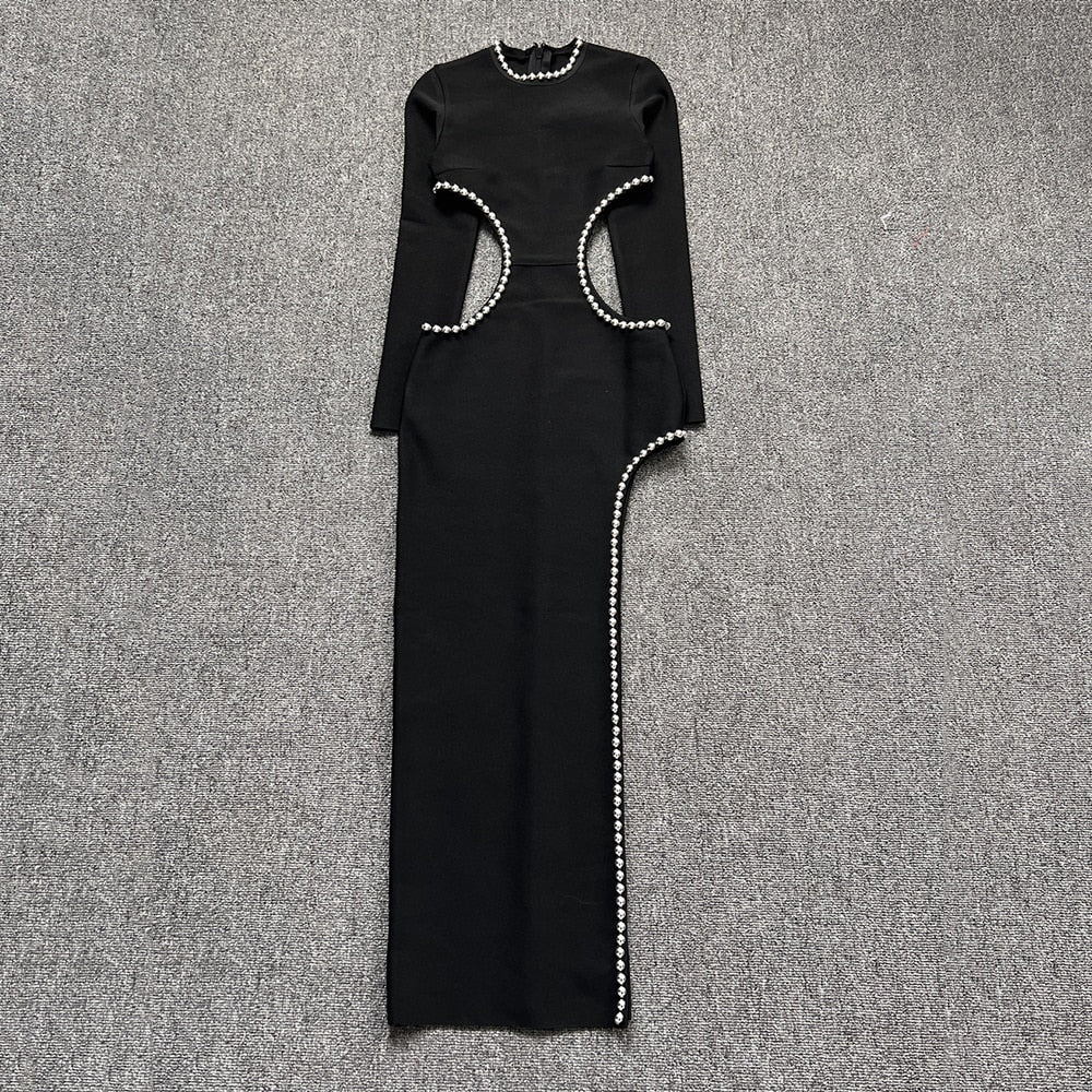Black O Neck Cutout Beaded Long Dress