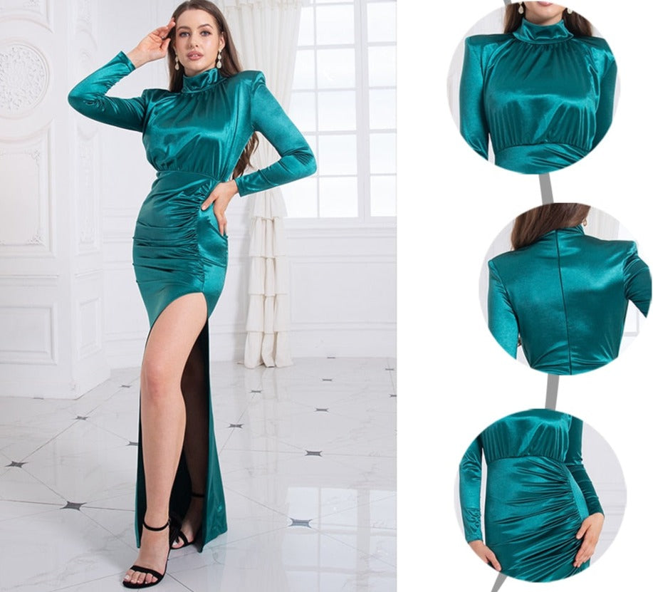 Green High Neck Sleeved Slit Side Evening Maxi Dress