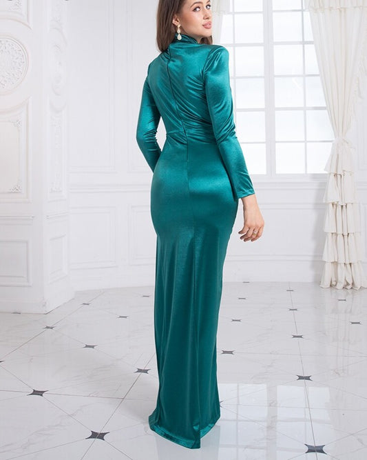 Green High Neck Sleeved Slit Side Evening Maxi Dress