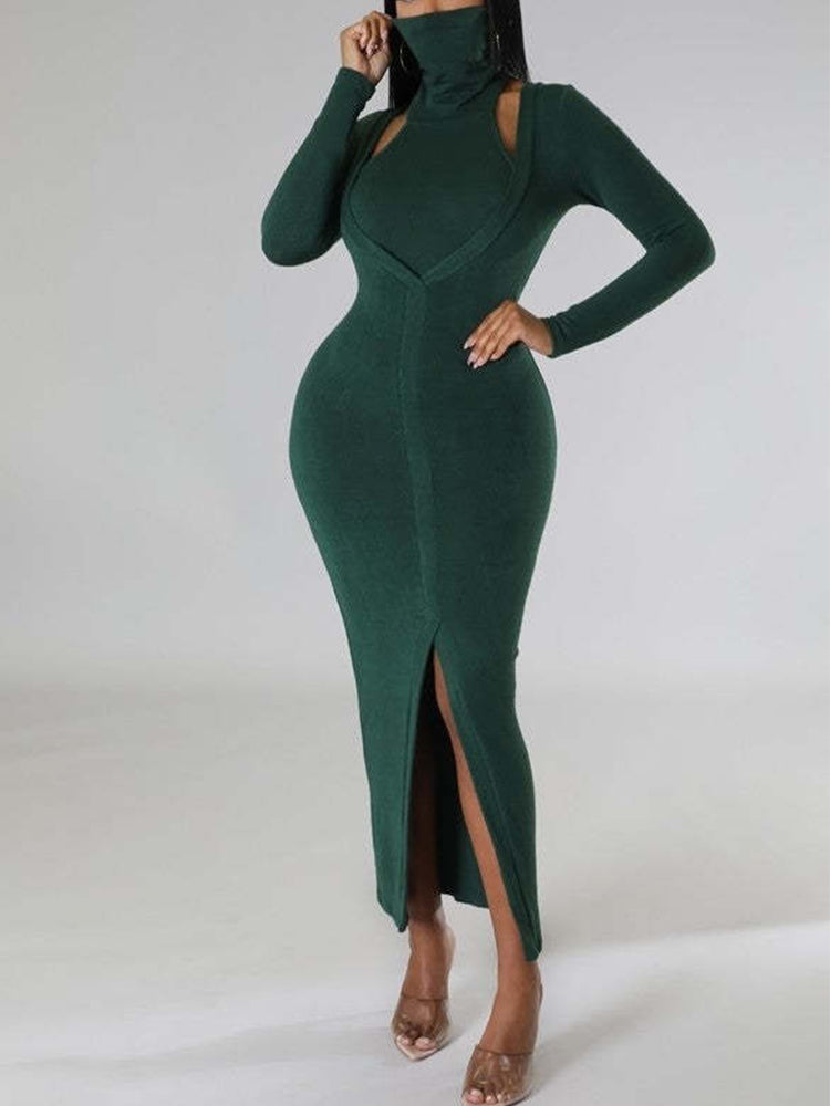 Halter Crop Long Sleeve Bodycon Slit Dresses