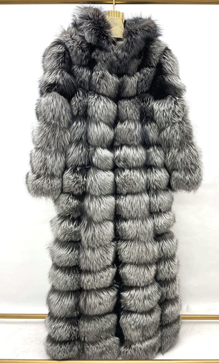 Pattern Hooded X-long Real Fox Fur Coats