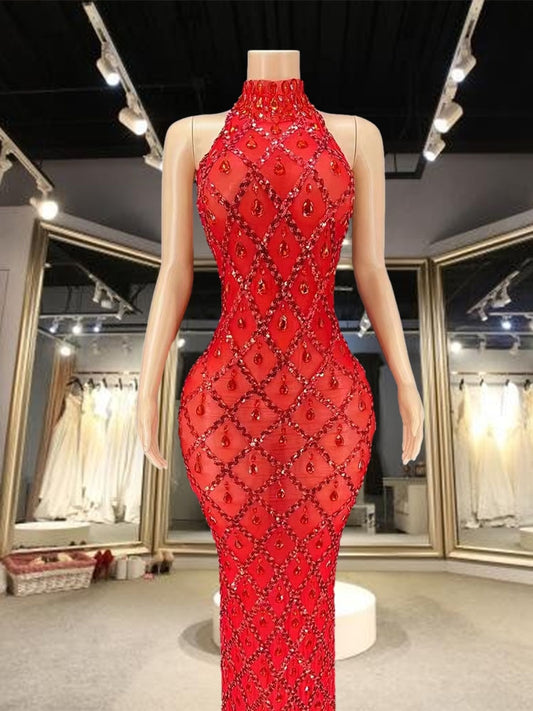 Red Rhinestones Full Wrap Halter Sleeveless Dress