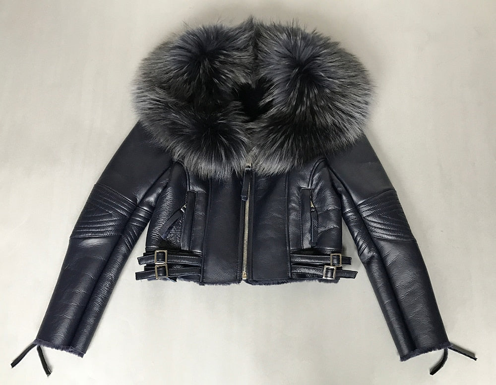 Genuine Leather Moto Jackets Big Fur Collar Wool Liner