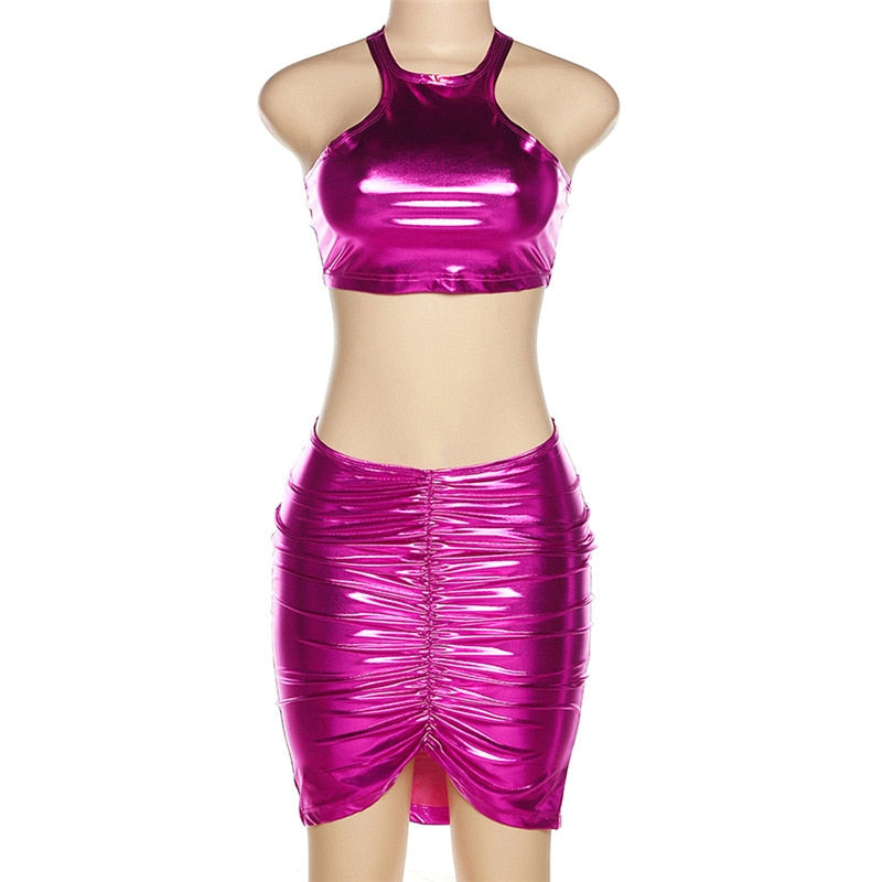 Shiny Pink Crop Halter Top & Skirt Set