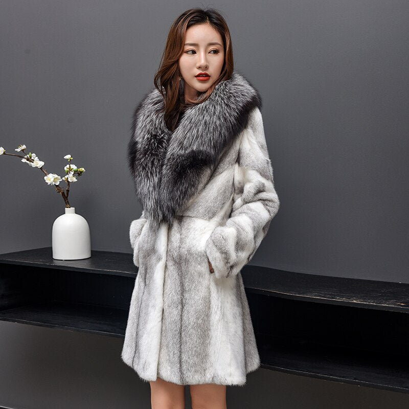 Real Mink Fur Coat Fox Fur Collar Mid-length