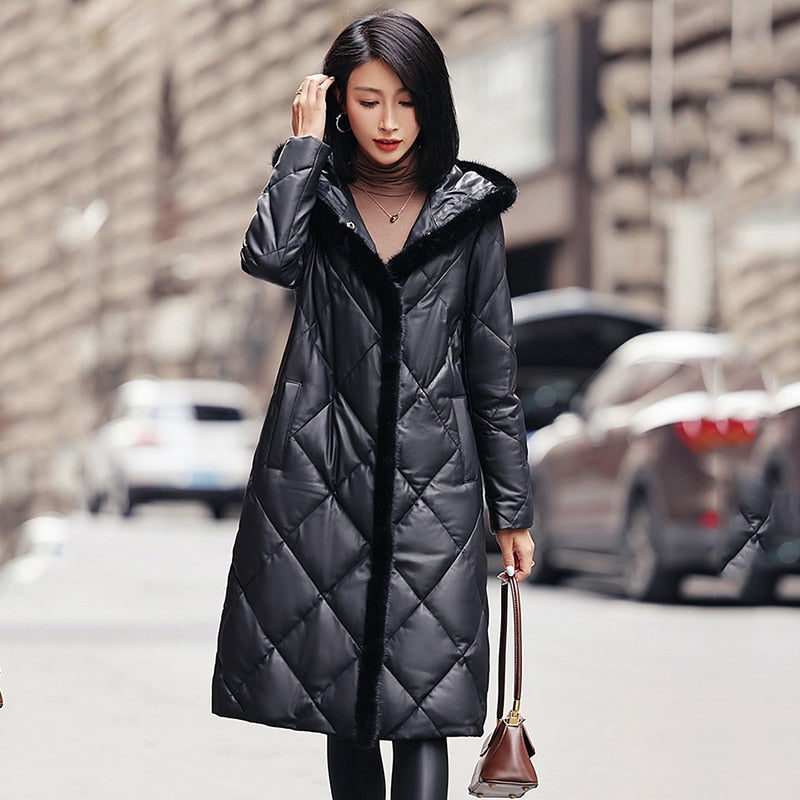 Genuine Leather Long Jacket Mink Fur Collar Hood